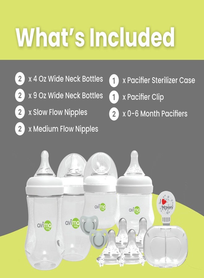 Avima Baby Wide Neck Bottle Starter Kit – 12 Piece Set. Anti Colic Feeding Set w/ 4 oz & 9 oz Baby Bottles, Slow & Medium Flow Nipples & Pacifiers, BPA Free - Image 2